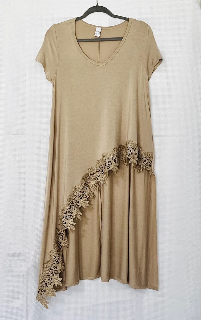Tan Asymmetrical Maxi Tunic Top Cover-Up Short Sleeve Lace Trim Small